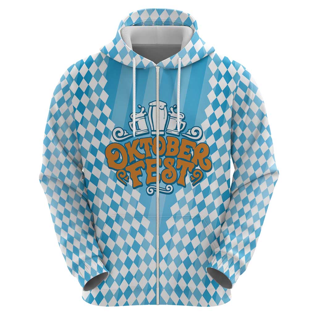 Oktoberfest Zip Hoodie with Beer Glass Illustration Blue White Diamond - Wonder Print Shop
