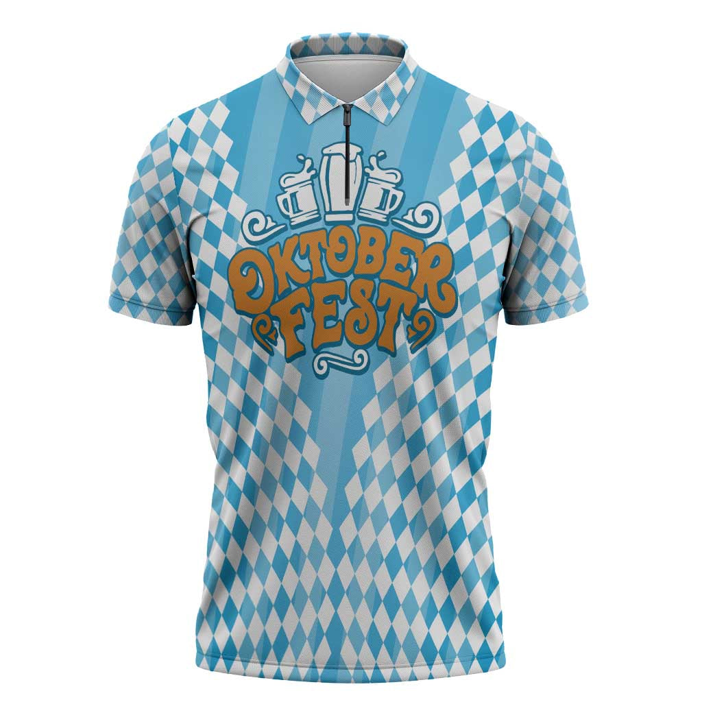 Oktoberfest Zipper Polo Shirt with Beer Glass Illustration Blue White Diamond - Wonder Print Shop