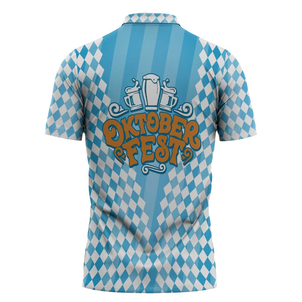 Oktoberfest Zipper Polo Shirt with Beer Glass Illustration Blue White Diamond - Wonder Print Shop
