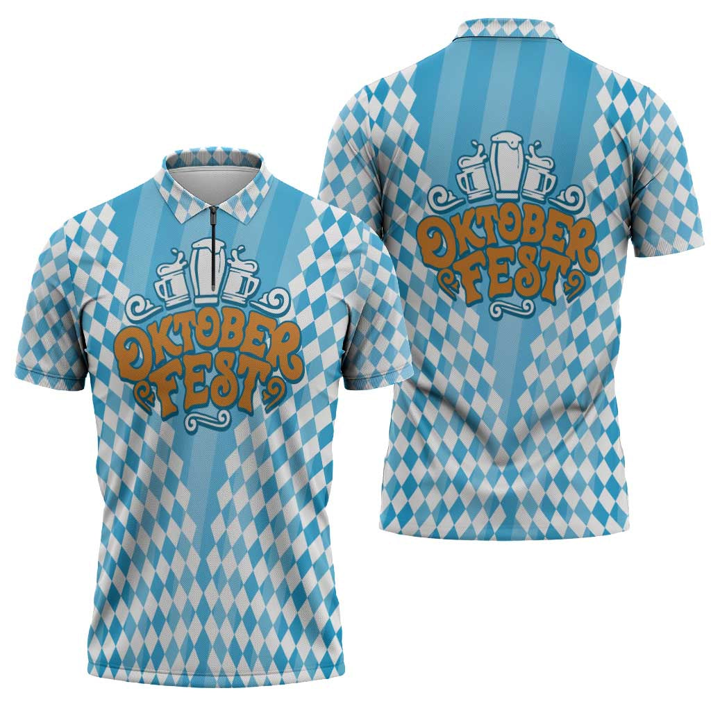Oktoberfest Zipper Polo Shirt with Beer Glass Illustration Blue White Diamond - Wonder Print Shop