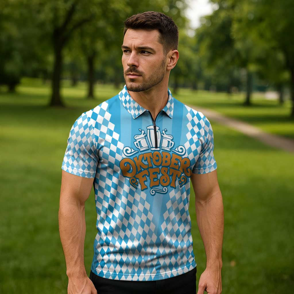 Oktoberfest Zipper Polo Shirt with Beer Glass Illustration Blue White Diamond - Wonder Print Shop