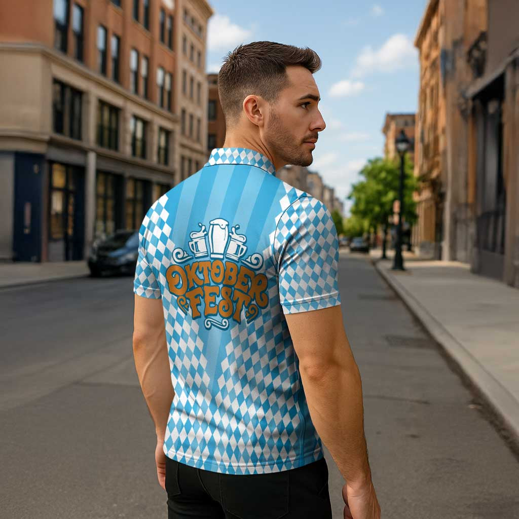 Oktoberfest Zipper Polo Shirt with Beer Glass Illustration Blue White Diamond - Wonder Print Shop