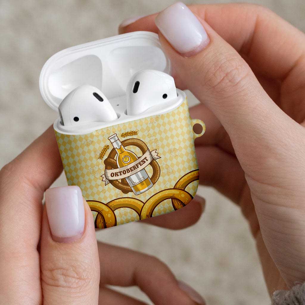 Oktoberfest AirPods Case with Beer Bottle and Pretzel Illustration Beige Diamond - Wonder Print Shop