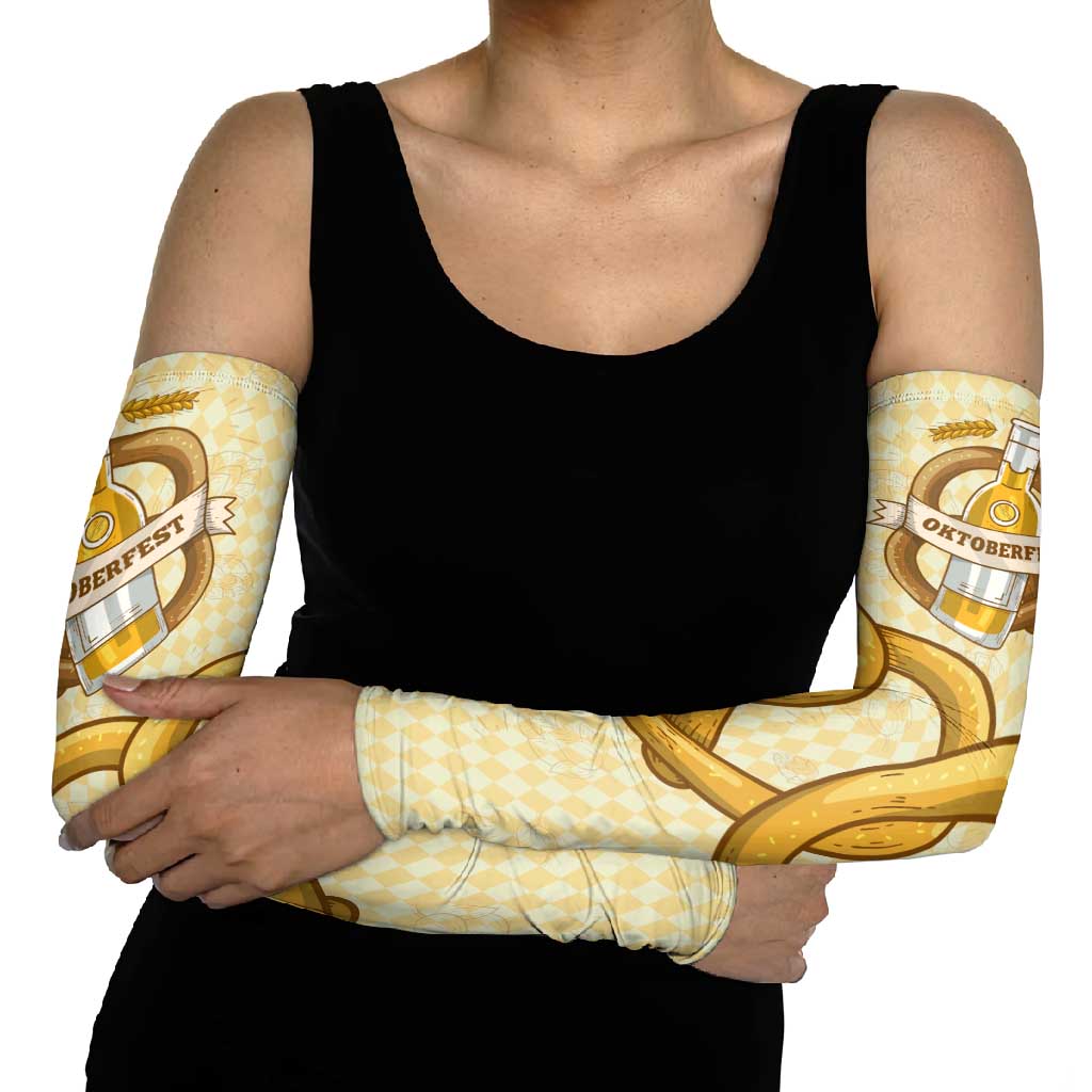 Oktoberfest Arm Sleeves with Beer Bottle and Pretzel Illustration Beige Diamond - Wonder Print Shop