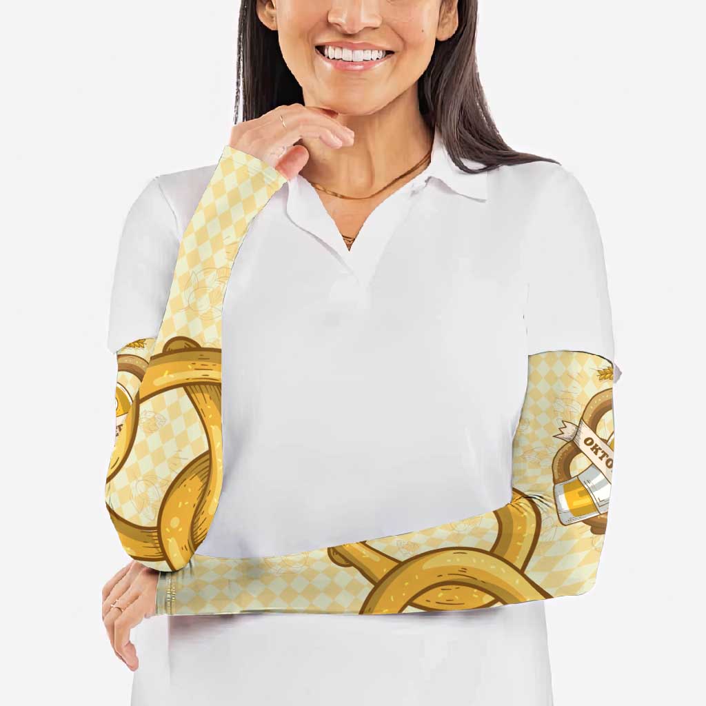 Oktoberfest Arm Sleeves with Beer Bottle and Pretzel Illustration Beige Diamond - Wonder Print Shop