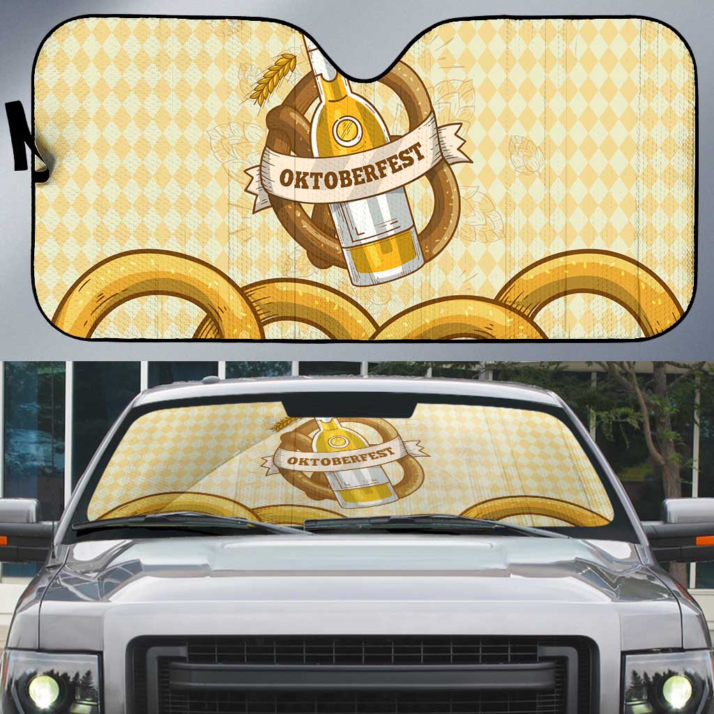 Oktoberfest Auto Sun Shade with Beer Bottle and Pretzel Illustration Beige Diamond - Wonder Print Shop