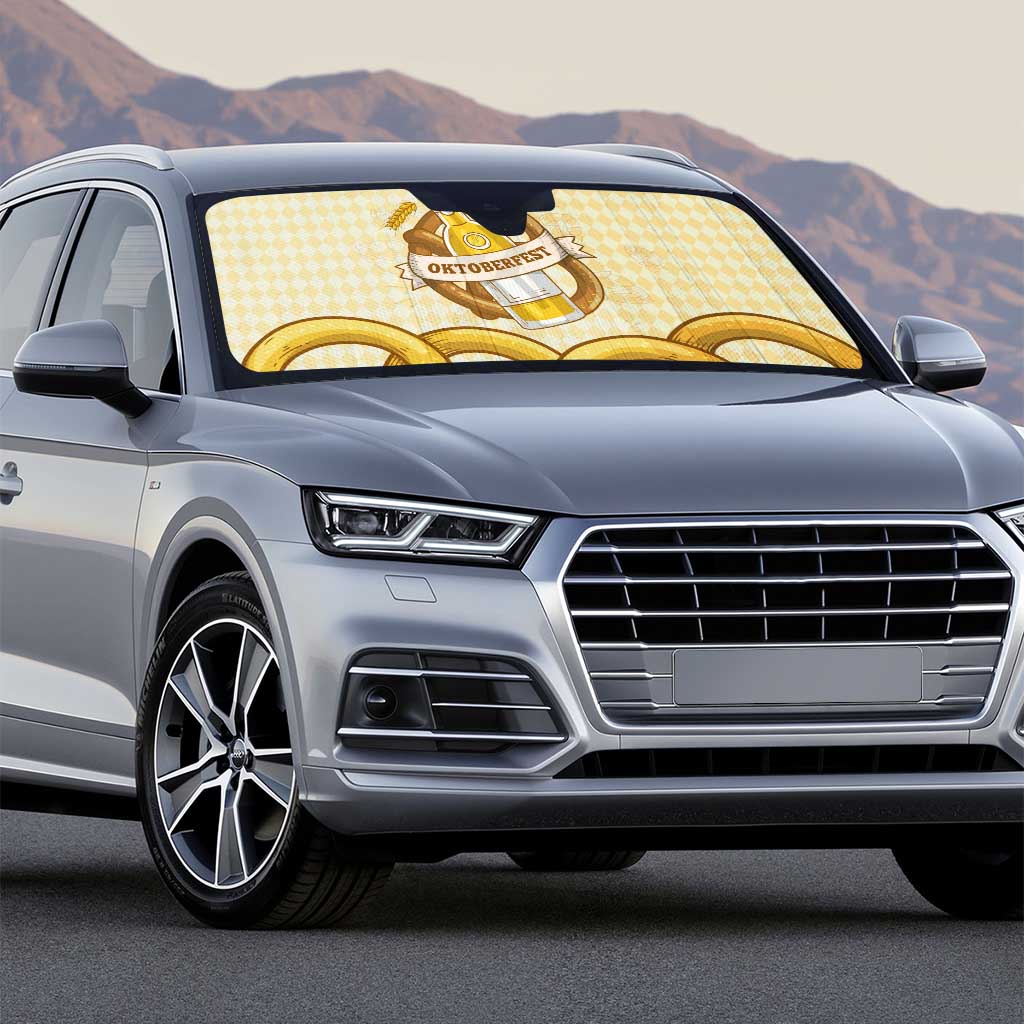 Oktoberfest Auto Sun Shade with Beer Bottle and Pretzel Illustration Beige Diamond - Wonder Print Shop