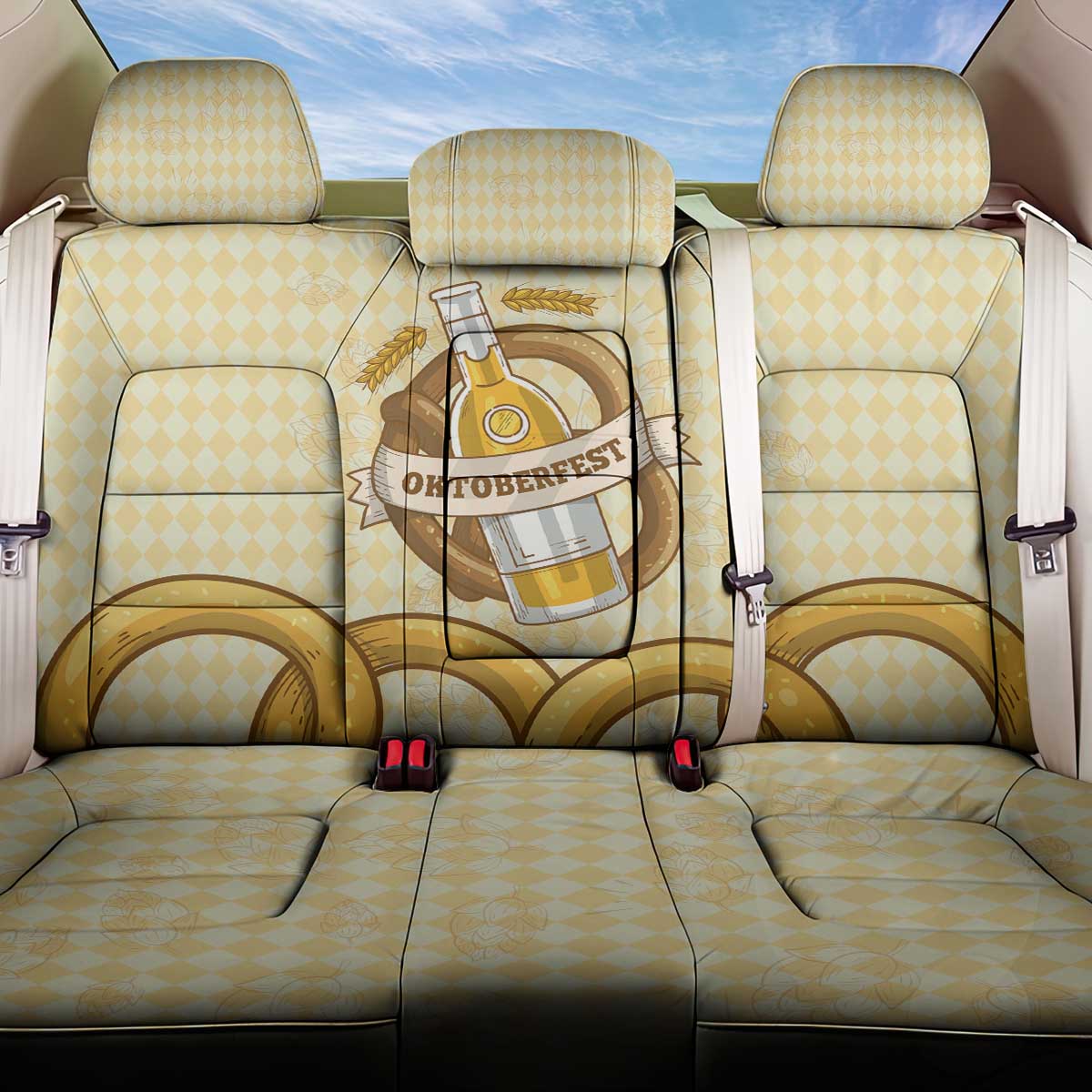 Oktoberfest Back Car Seat Cover with Beer Bottle and Pretzel Illustration Beige Diamond - Wonder Print Shop