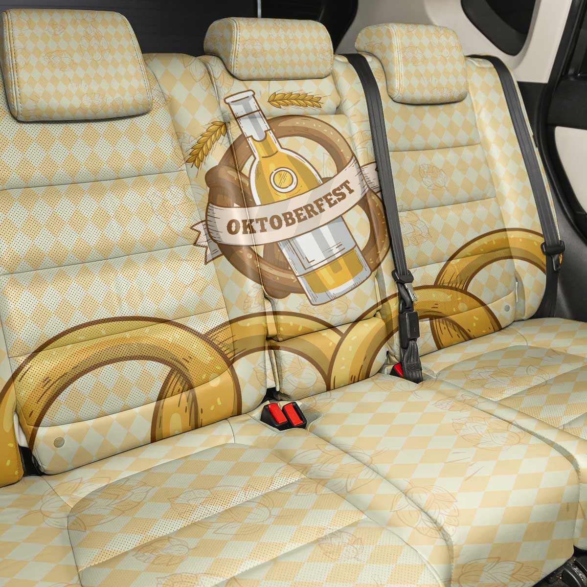 Oktoberfest Back Car Seat Cover with Beer Bottle and Pretzel Illustration Beige Diamond - Wonder Print Shop