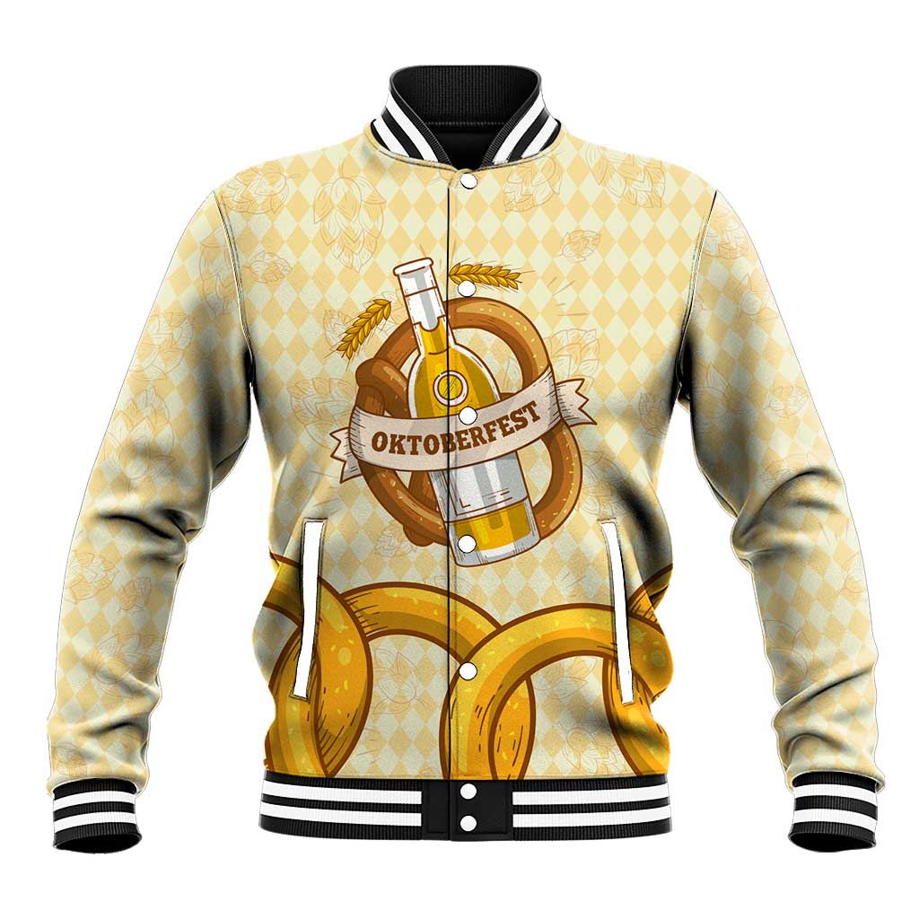 Oktoberfest Baseball Jacket with Beer Bottle and Pretzel Illustration Beige Diamond - Wonder Print Shop
