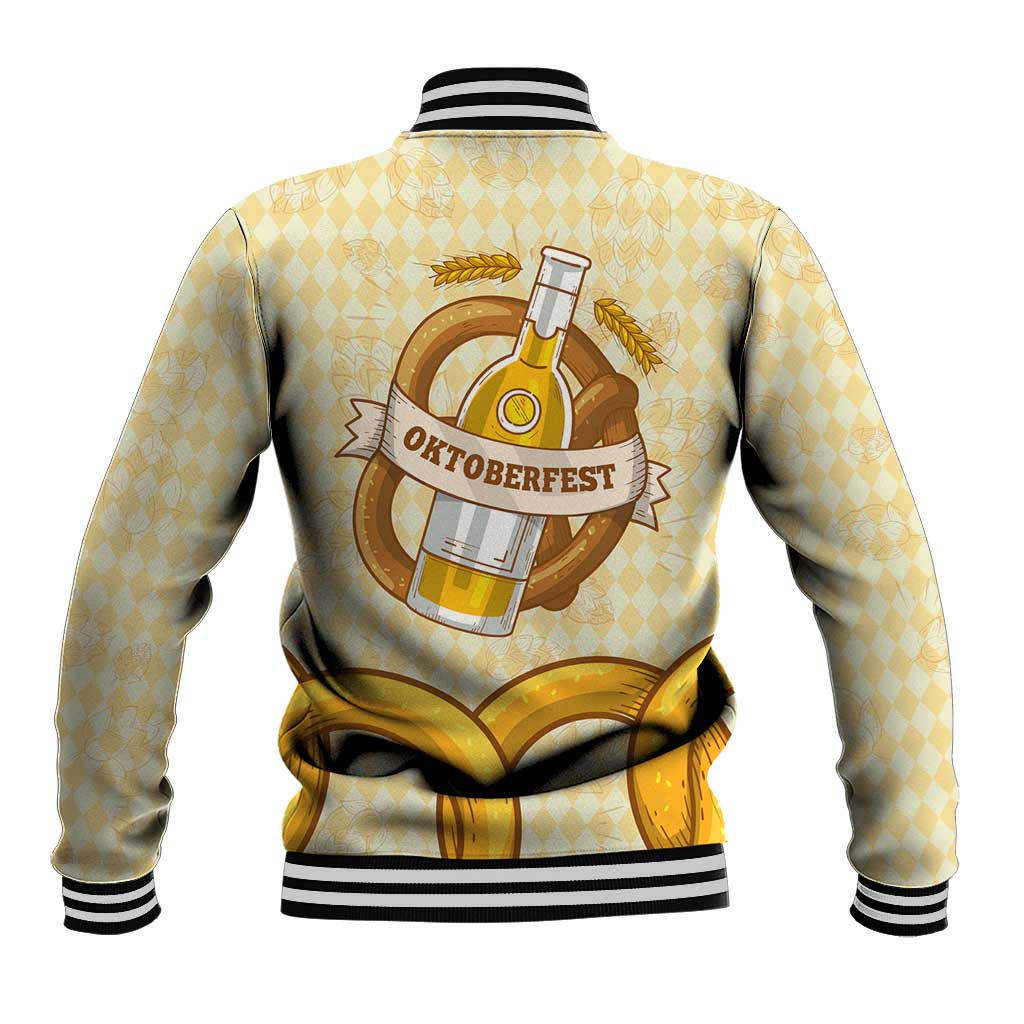 Oktoberfest Baseball Jacket with Beer Bottle and Pretzel Illustration Beige Diamond - Wonder Print Shop