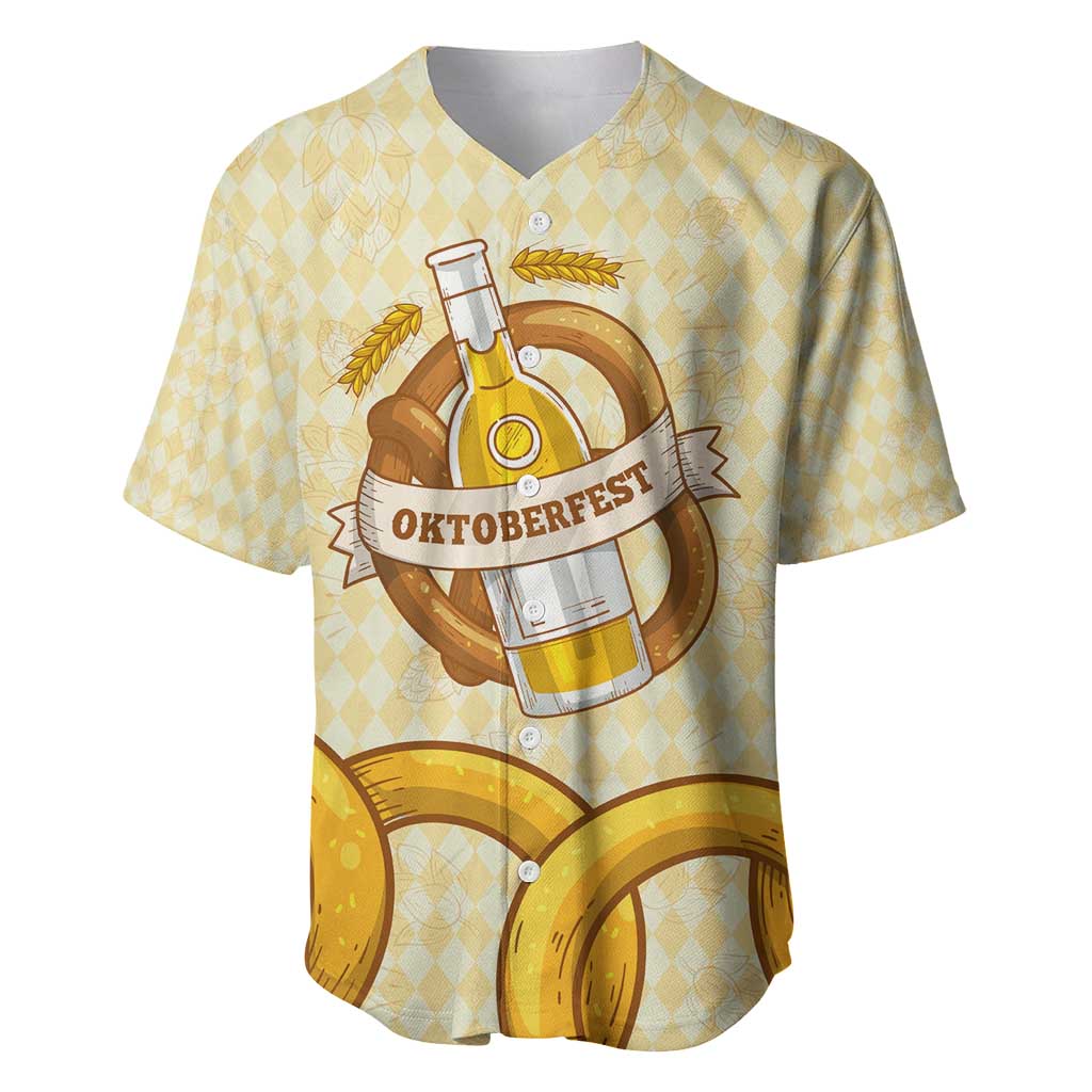 Oktoberfest Baseball Jersey with Beer Bottle and Pretzel Illustration Beige Diamond - Wonder Print Shop