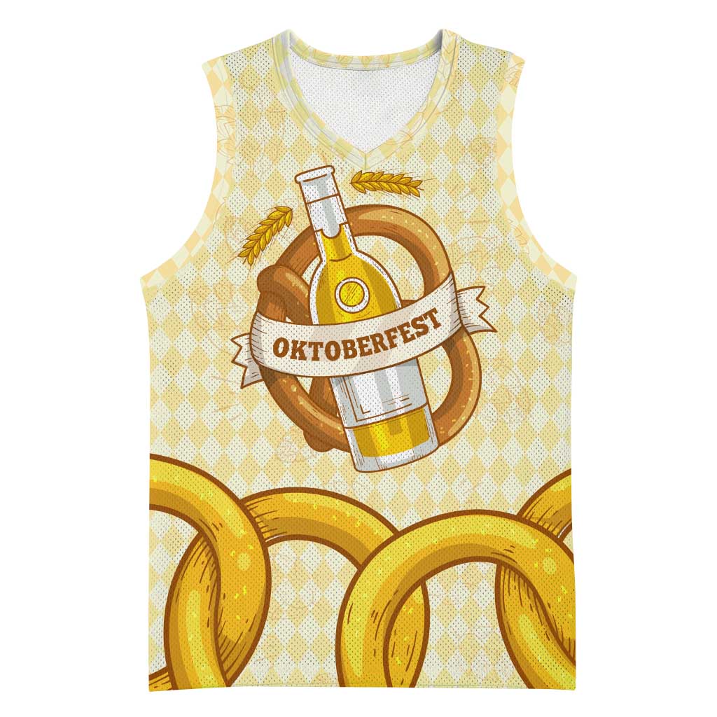 Oktoberfest Basketball Jersey with Beer Bottle and Pretzel Illustration Beige Diamond - Wonder Print Shop