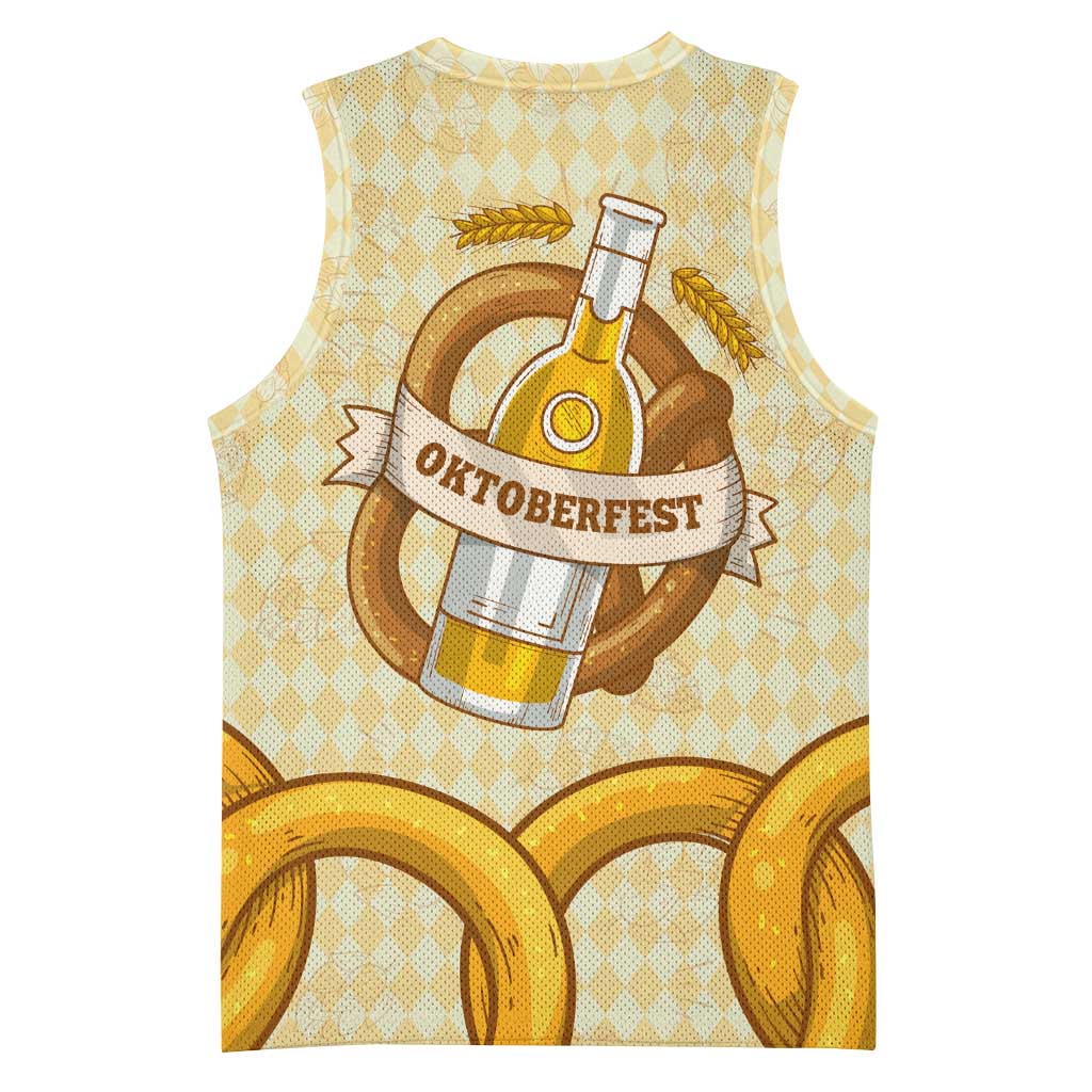Oktoberfest Basketball Jersey with Beer Bottle and Pretzel Illustration Beige Diamond - Wonder Print Shop