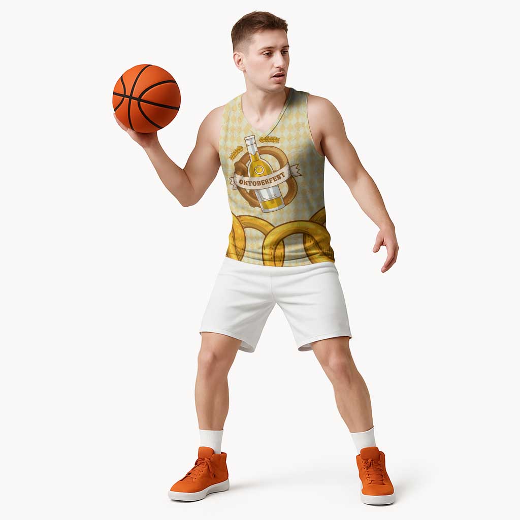 Oktoberfest Basketball Jersey with Beer Bottle and Pretzel Illustration Beige Diamond - Wonder Print Shop