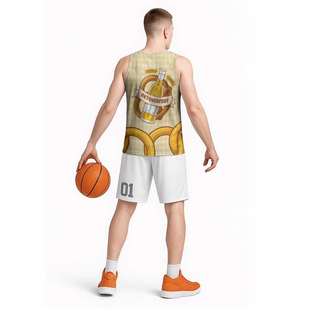 Oktoberfest Basketball Jersey with Beer Bottle and Pretzel Illustration Beige Diamond - Wonder Print Shop
