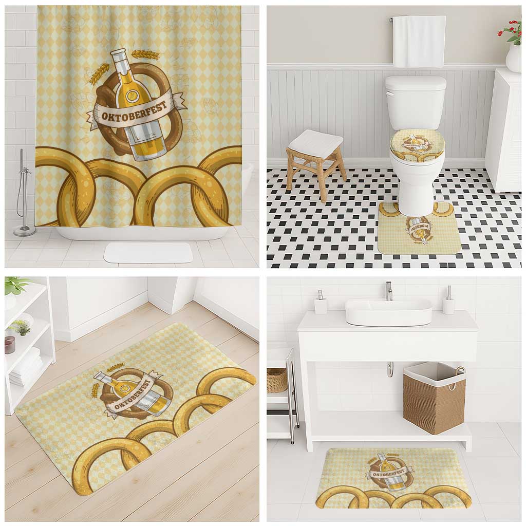 Oktoberfest Bathroom Set with Beer Bottle and Pretzel Illustration Beige Diamond - Wonder Print Shop