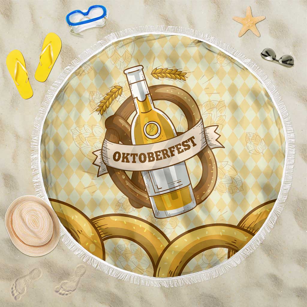Oktoberfest Beach Blanket with Beer Bottle and Pretzel Illustration Beige Diamond - Wonder Print Shop