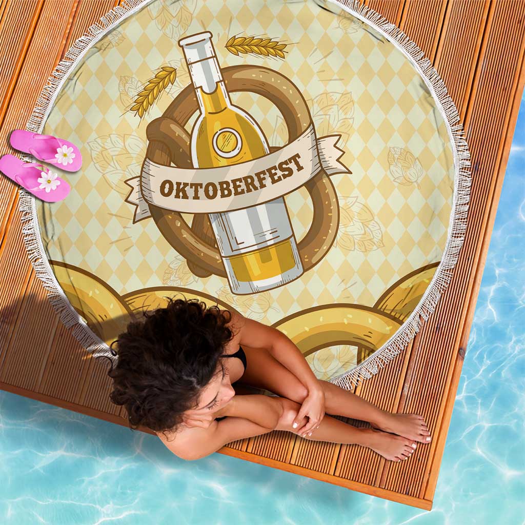 Oktoberfest Beach Blanket with Beer Bottle and Pretzel Illustration Beige Diamond - Wonder Print Shop