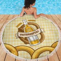 Oktoberfest Beach Blanket with Beer Bottle and Pretzel Illustration Beige Diamond - Wonder Print Shop
