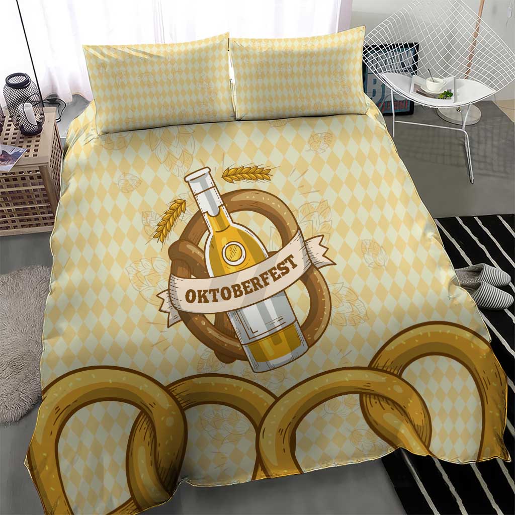 Oktoberfest Bedding Set with Beer Bottle and Pretzel Illustration Beige Diamond - Wonder Print Shop