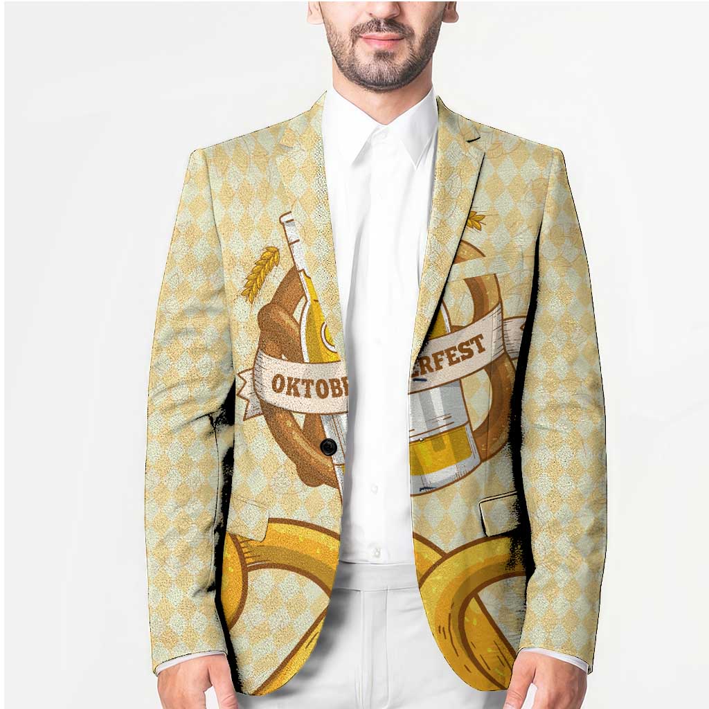 Oktoberfest Blazer with Beer Bottle and Pretzel Illustration Beige Diamond - Wonder Print Shop
