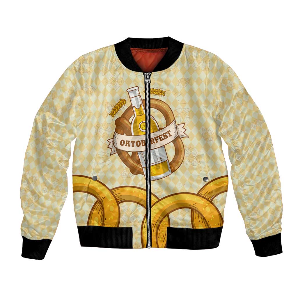 Oktoberfest Bomber Jacket with Beer Bottle and Pretzel Illustration Beige Diamond - Wonder Print Shop