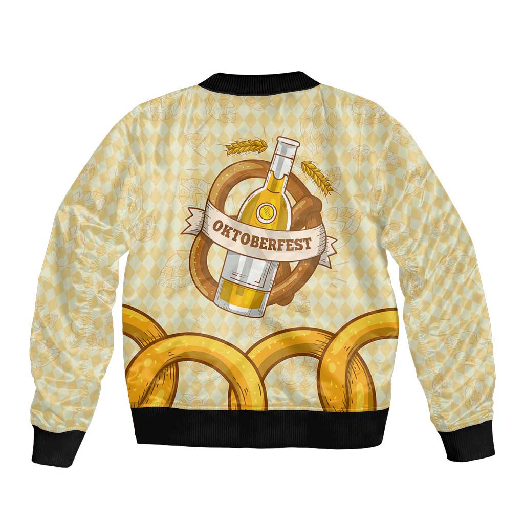 Oktoberfest Bomber Jacket with Beer Bottle and Pretzel Illustration Beige Diamond - Wonder Print Shop