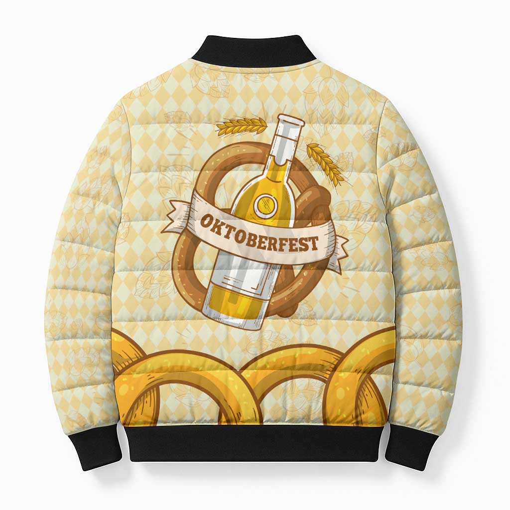 Oktoberfest Bomber Puffer Jacket with Beer Bottle and Pretzel Illustration Beige Diamond - Wonder Print Shop