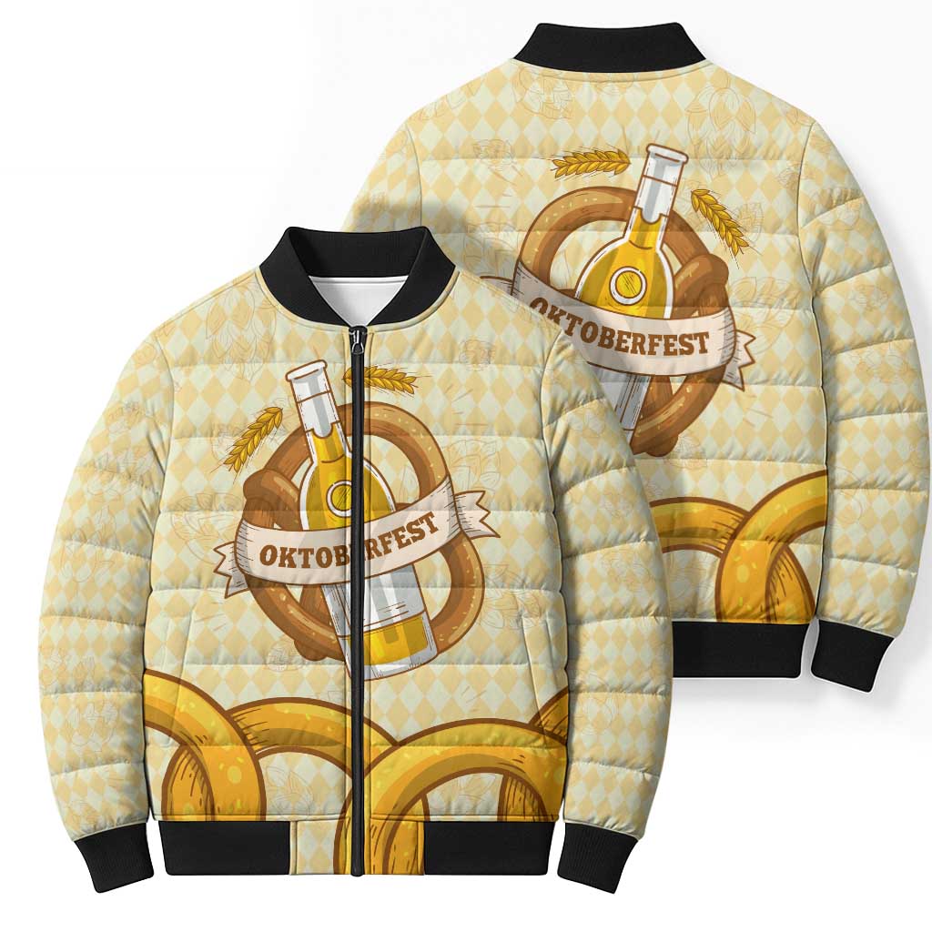 Oktoberfest Bomber Puffer Jacket with Beer Bottle and Pretzel Illustration Beige Diamond - Wonder Print Shop