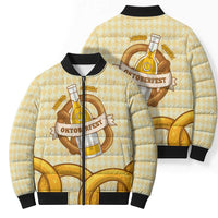 Oktoberfest Bomber Puffer Jacket with Beer Bottle and Pretzel Illustration Beige Diamond - Wonder Print Shop