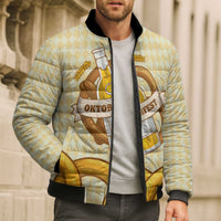 Oktoberfest Bomber Puffer Jacket with Beer Bottle and Pretzel Illustration Beige Diamond - Wonder Print Shop