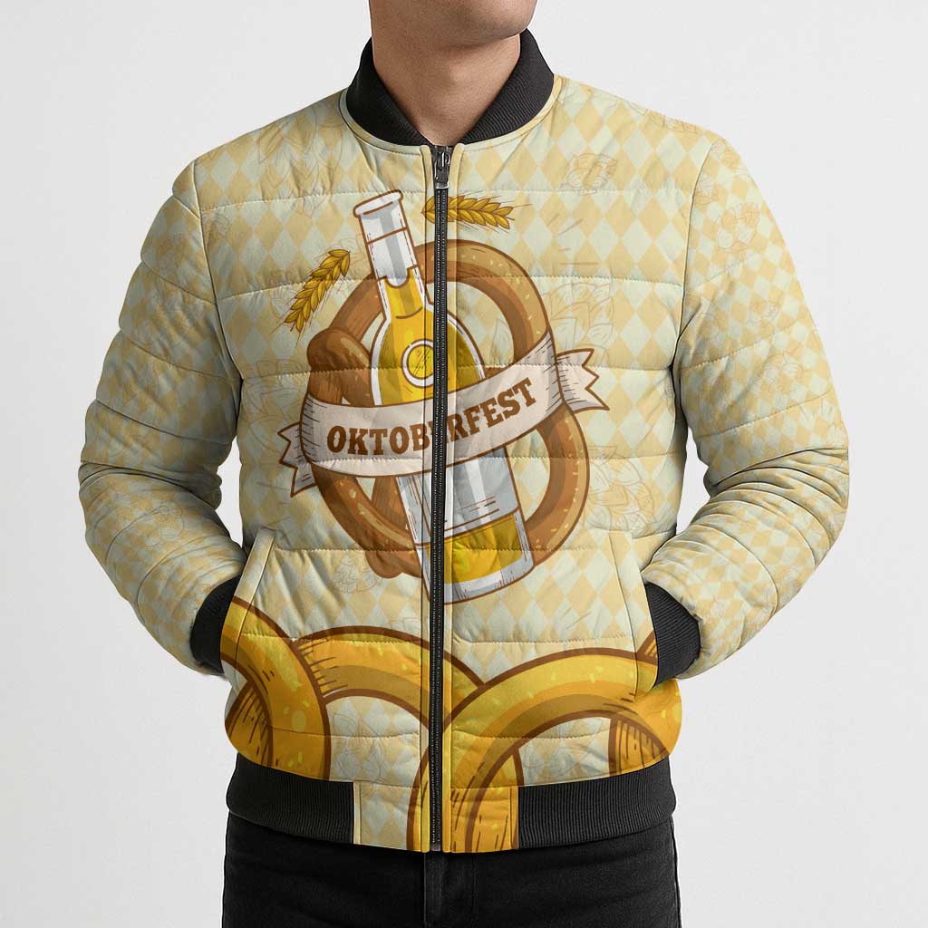 Oktoberfest Bomber Puffer Jacket with Beer Bottle and Pretzel Illustration Beige Diamond - Wonder Print Shop