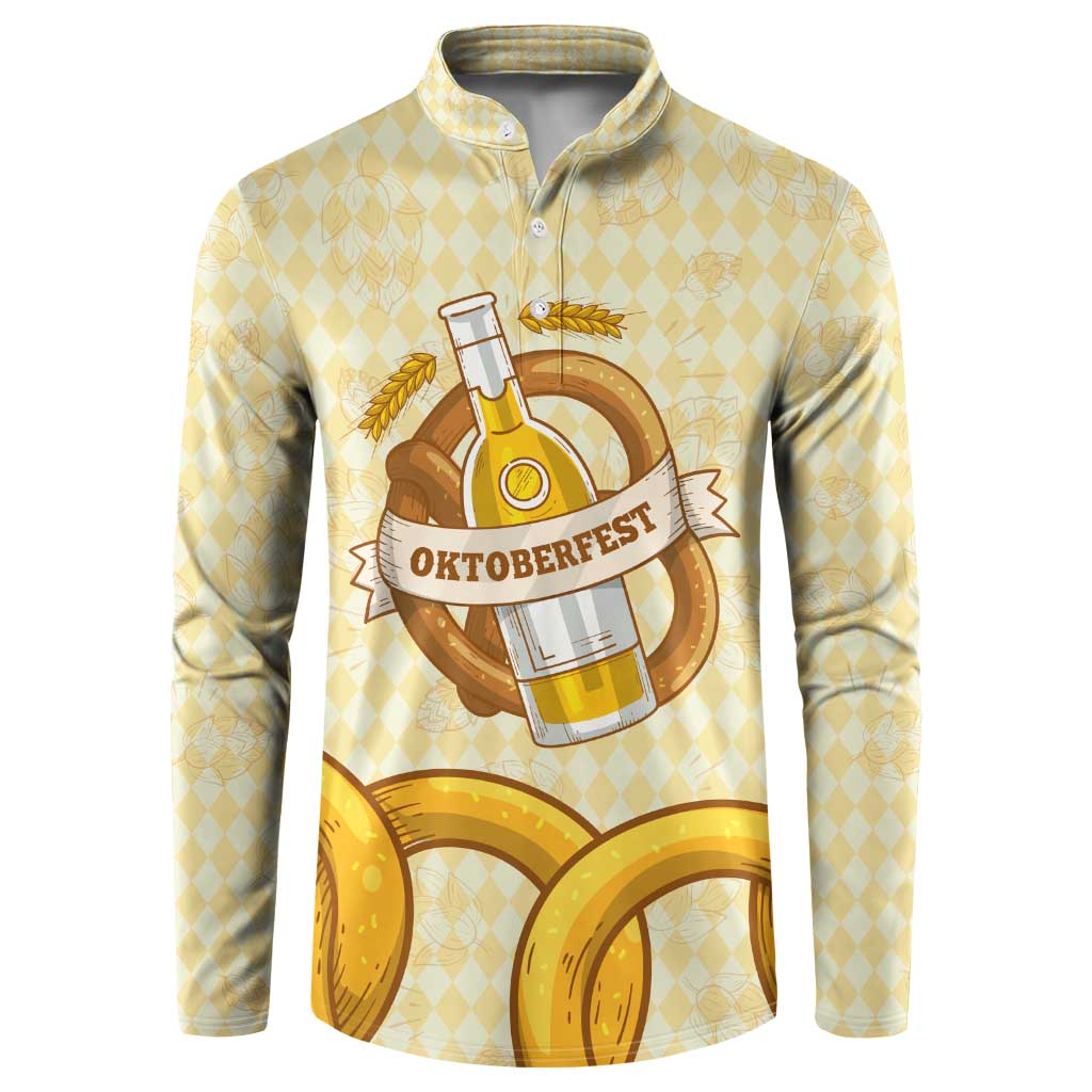 Oktoberfest Button Sweatshirt with Beer Bottle and Pretzel Illustration Beige Diamond - Wonder Print Shop