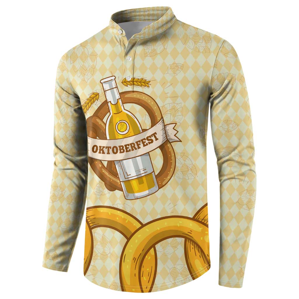 Oktoberfest Button Sweatshirt with Beer Bottle and Pretzel Illustration Beige Diamond - Wonder Print Shop