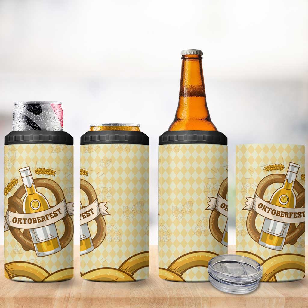 Oktoberfest 4 in 1 Can Cooler Tumbler with Beer Bottle and Pretzel Illustration Beige Diamond - Wonder Print Shop