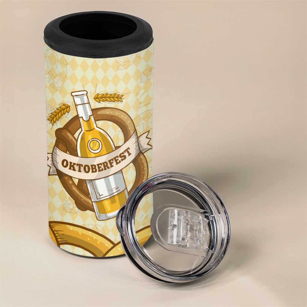 Oktoberfest 4 in 1 Can Cooler Tumbler with Beer Bottle and Pretzel Illustration Beige Diamond - Wonder Print Shop