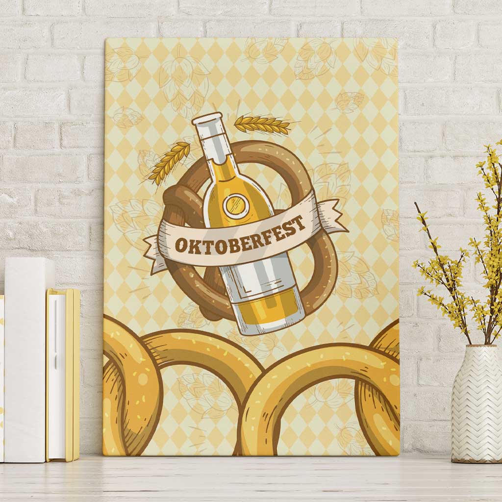 Oktoberfest Canvas Wall Art with Beer Bottle and Pretzel Illustration Beige Diamond - Wonder Print Shop