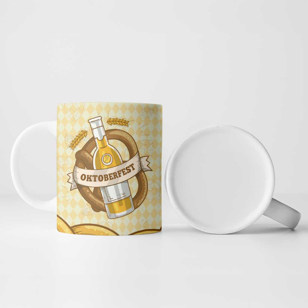Oktoberfest Ceramic Mug with Beer Bottle and Pretzel Illustration Beige Diamond - Wonder Print Shop