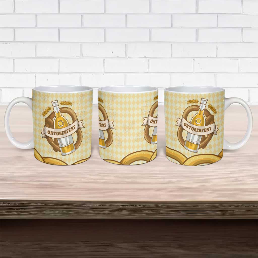 Oktoberfest Ceramic Mug with Beer Bottle and Pretzel Illustration Beige Diamond - Wonder Print Shop