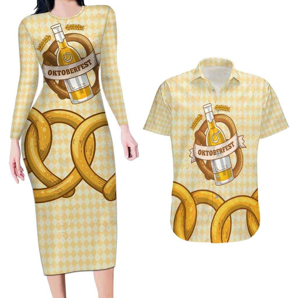 Oktoberfest Couples Matching Long Sleeve Bodycon Dress and Hawaiian Shirt with Beer Bottle and Pretzel Illustration Beige Diamond - Wonder Print Shop