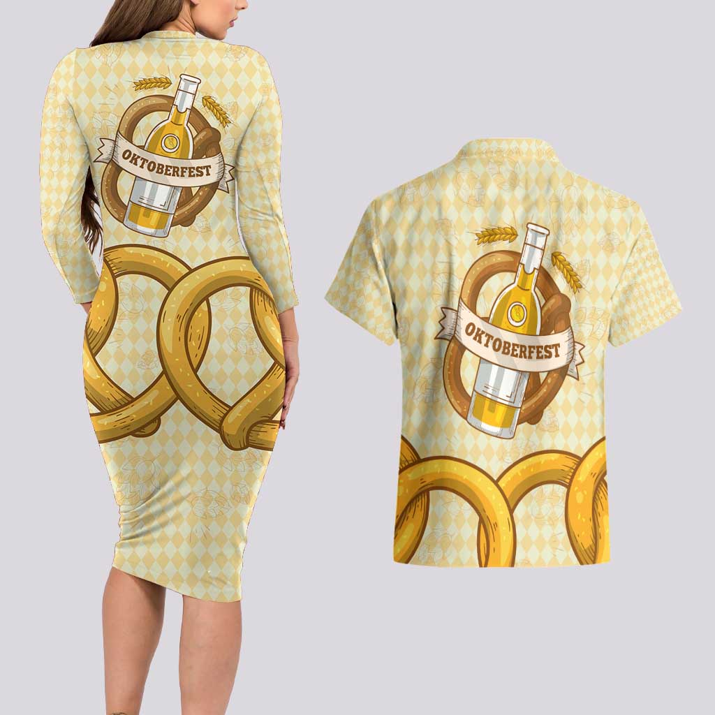 Oktoberfest Couples Matching Long Sleeve Bodycon Dress and Hawaiian Shirt with Beer Bottle and Pretzel Illustration Beige Diamond - Wonder Print Shop