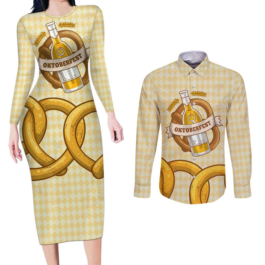Oktoberfest Couples Matching Long Sleeve Bodycon Dress and Long Sleeve Button Shirt with Beer Bottle and Pretzel Illustration Beige Diamond - Wonder Print Shop
