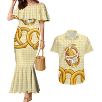 Oktoberfest Couples Matching Mermaid Dress and Hawaiian Shirt with Beer Bottle and Pretzel Illustration Beige Diamond - Wonder Print Shop