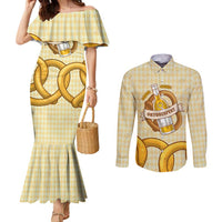 Oktoberfest Couples Matching Mermaid Dress and Long Sleeve Button Shirt with Beer Bottle and Pretzel Illustration Beige Diamond - Wonder Print Shop