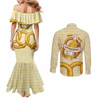 Oktoberfest Couples Matching Mermaid Dress and Long Sleeve Button Shirt with Beer Bottle and Pretzel Illustration Beige Diamond - Wonder Print Shop