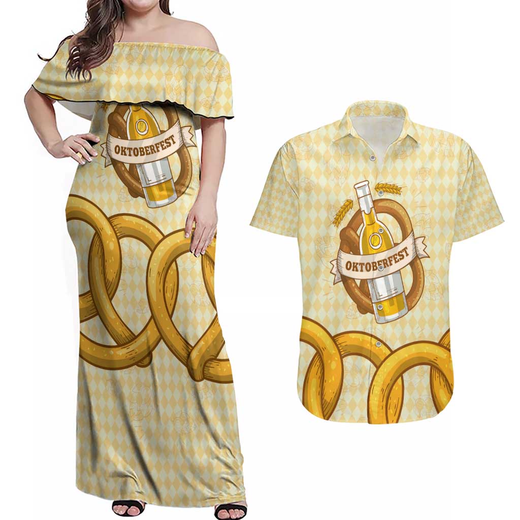 Oktoberfest Couples Matching Off Shoulder Maxi Dress and Hawaiian Shirt with Beer Bottle and Pretzel Illustration Beige Diamond - Wonder Print Shop
