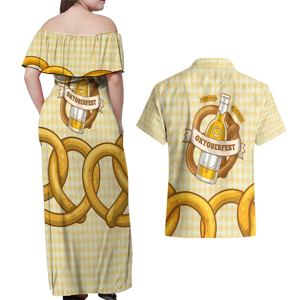 Oktoberfest Couples Matching Off Shoulder Maxi Dress and Hawaiian Shirt with Beer Bottle and Pretzel Illustration Beige Diamond - Wonder Print Shop