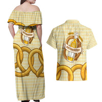 Oktoberfest Couples Matching Off Shoulder Maxi Dress and Hawaiian Shirt with Beer Bottle and Pretzel Illustration Beige Diamond - Wonder Print Shop
