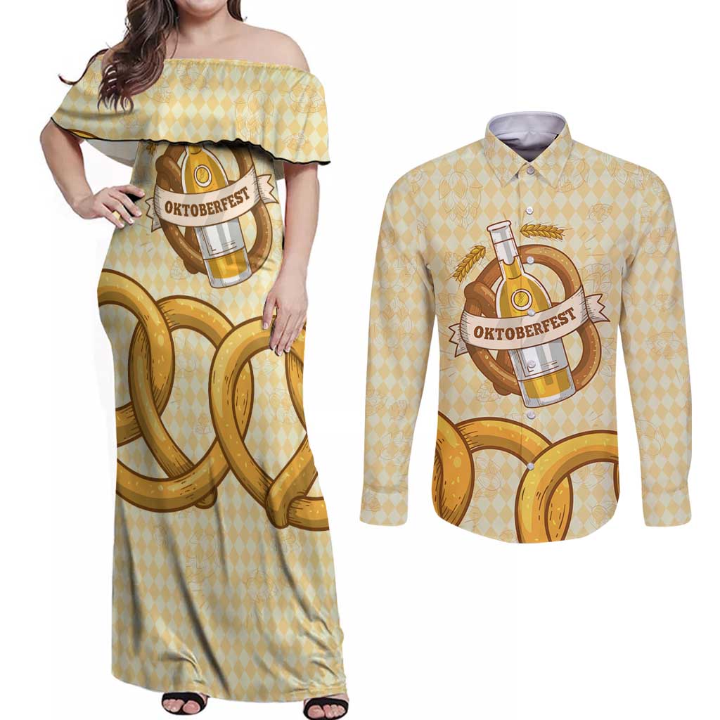 Oktoberfest Couples Matching Off Shoulder Maxi Dress and Long Sleeve Button Shirt with Beer Bottle and Pretzel Illustration Beige Diamond - Wonder Print Shop